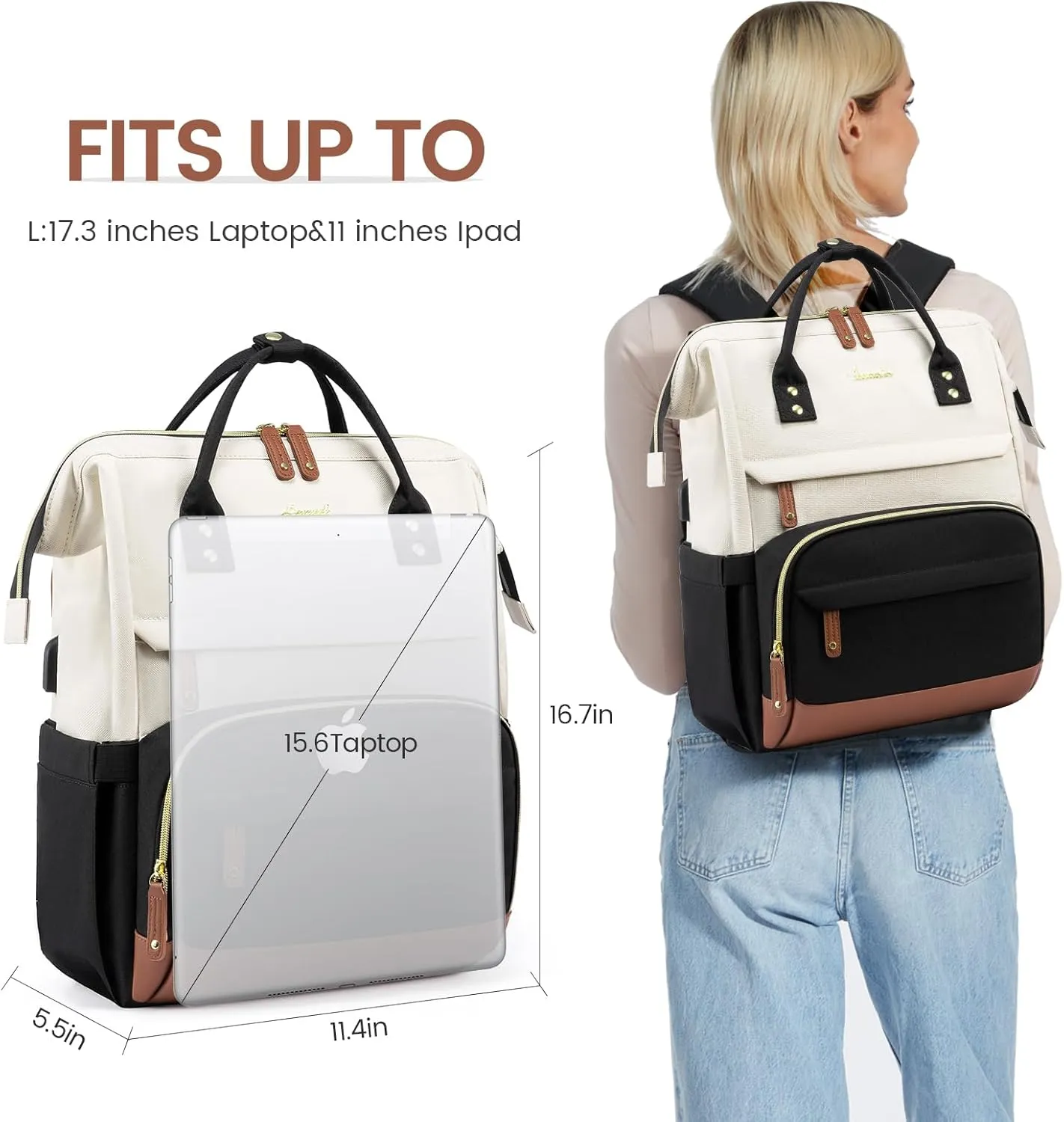 LOVEVOOK Laptop Backpack Purse for Women Men, Nurse Work Business Travel Backpack Bag, Wide Open Backpack, Lightweight Water Resistent Daypack with USB Charging Port, 15.6 inch, Beige-Black-Brown