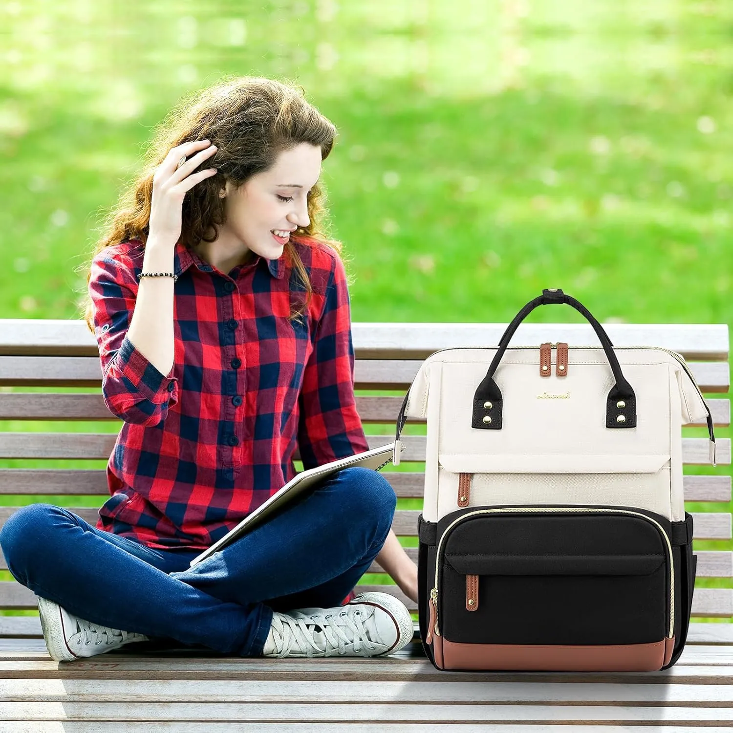 LOVEVOOK Laptop Backpack Purse for Women Men, Nurse Work Business Travel Backpack Bag, Wide Open Backpack, Lightweight Water Resistent Daypack with USB Charging Port, 15.6 inch, Beige-Black-Brown