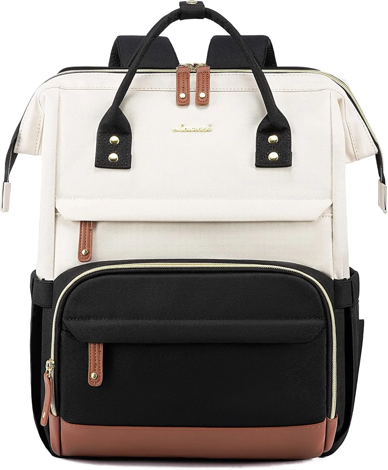 LOVEVOOK Laptop Backpack Purse for Women Men, Nurse Work Business Travel Backpack Bag, Wide Open Backpack, Lightweight Water Resistent Daypack with USB Charging Port, 15.6 inch, Beige-Black-Brown