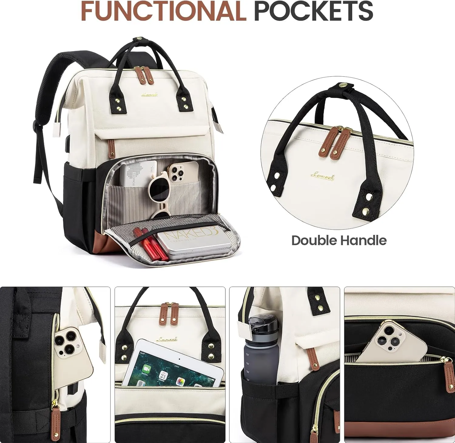 LOVEVOOK Laptop Backpack Purse for Women Men, Nurse Work Business Travel Backpack Bag, Wide Open Backpack, Lightweight Water Resistent Daypack with USB Charging Port, 15.6 inch, Beige-Black-Brown