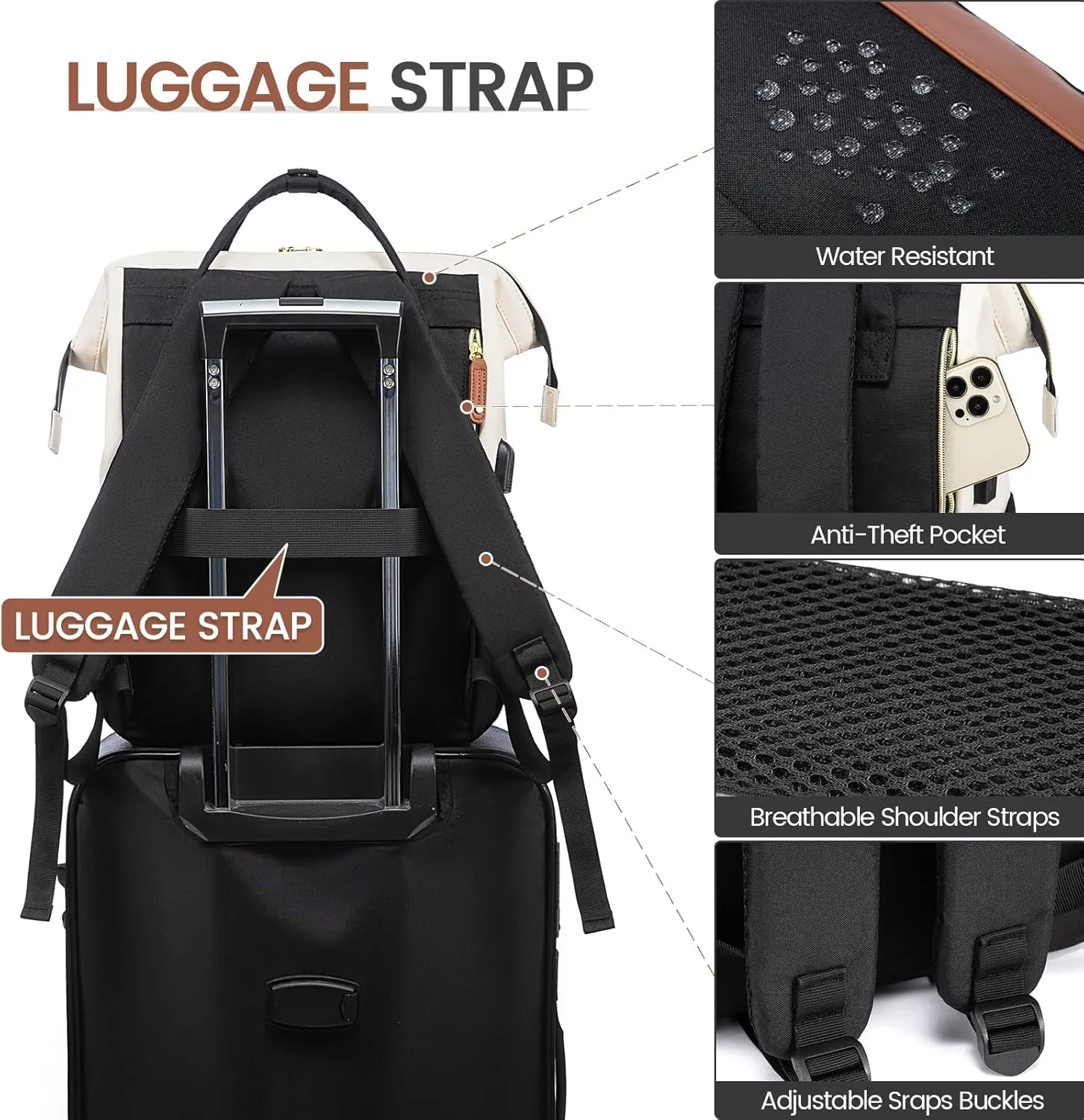 LOVEVOOK Laptop Backpack Purse for Women Men, Nurse Work Business Travel Backpack Bag, Wide Open Backpack, Lightweight Water Resistent Daypack with USB Charging Port, 15.6 inch, Beige-Black-Brown