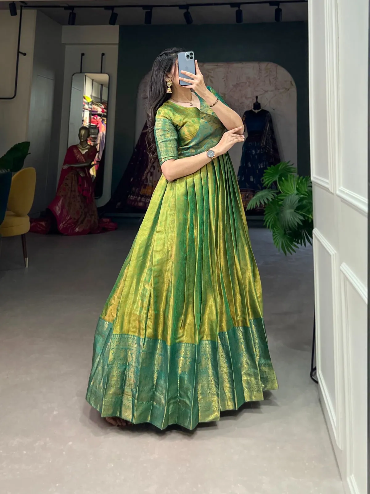 Luxurious Parrot Green Kanjivaram Silk Gown with Zari Work