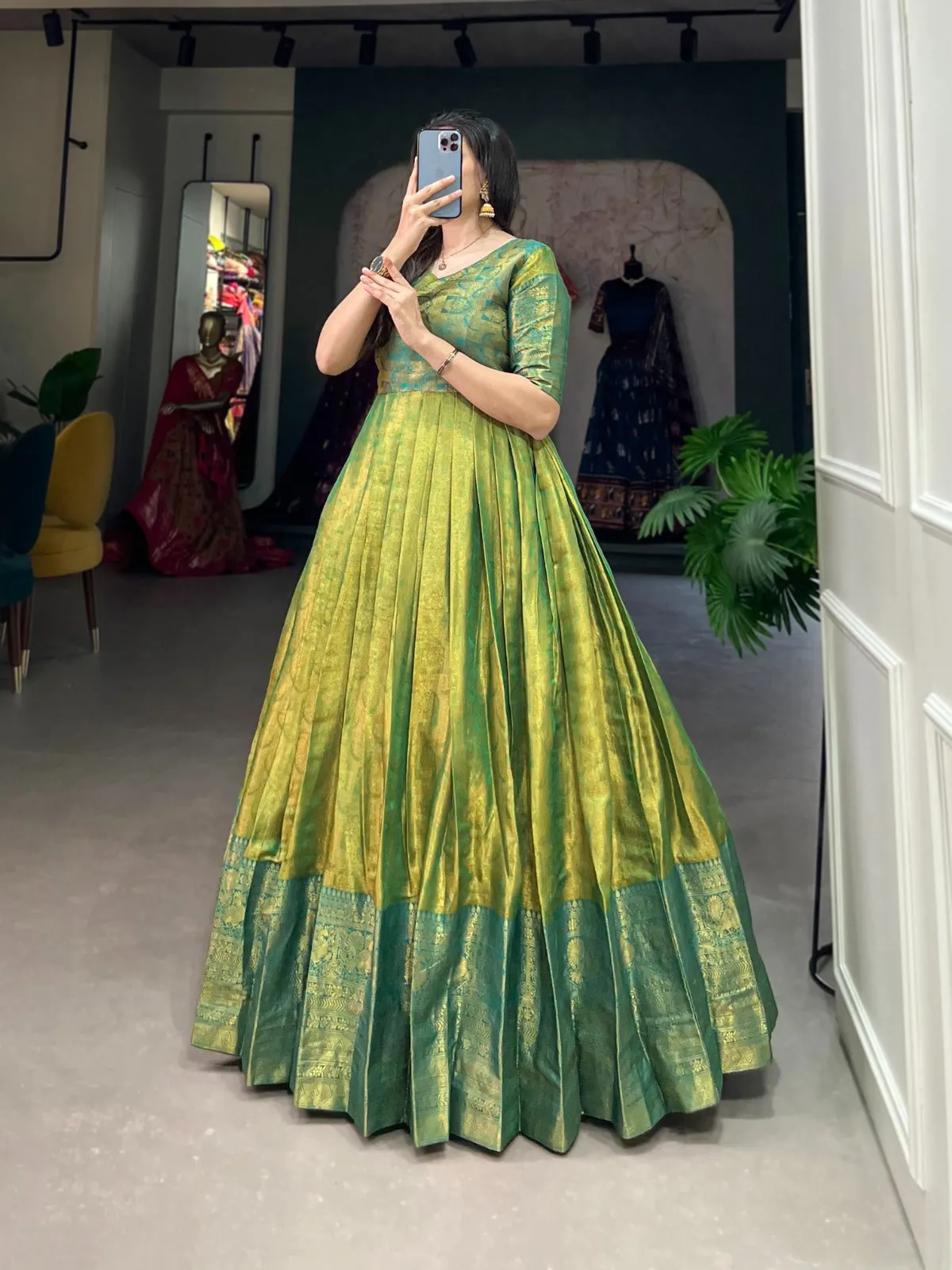 Luxurious Parrot Green Kanjivaram Silk Gown with Zari Work