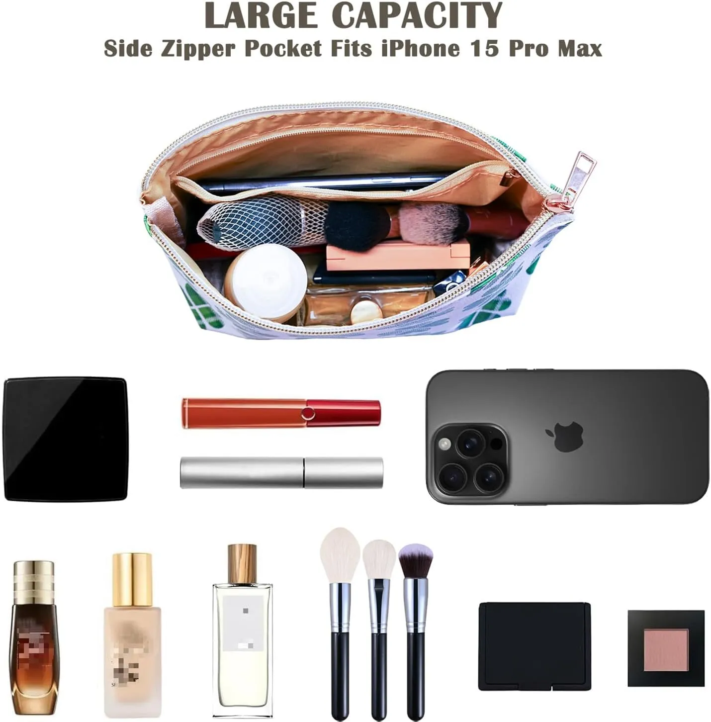 Makeup Bag for Women, PU Leather Cosmetic Bag, Waterproof Travel Toiletry Organizer Pouch (Four-leaf Clover - LARGE)