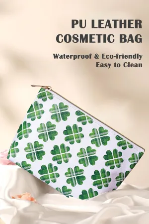 Makeup Bag for Women, PU Leather Cosmetic Bag, Waterproof Travel Toiletry Organizer Pouch (Four-leaf Clover - LARGE)