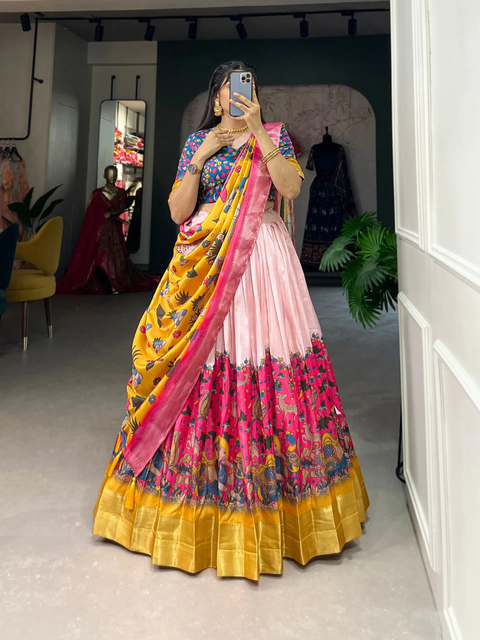 Pink Dola Silk Lehenga Choli with Kalamkari Print & Weaving Border