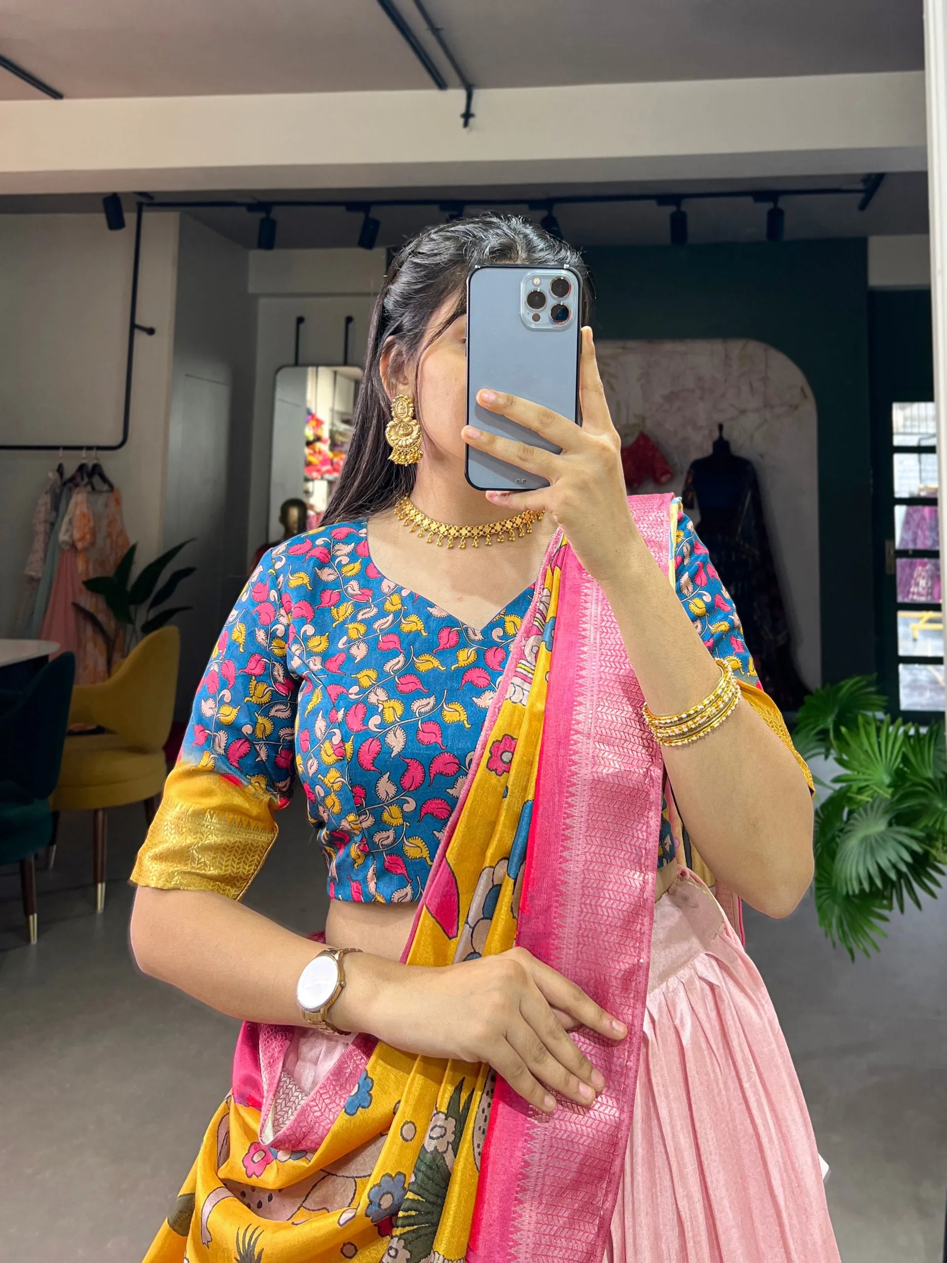 Pink Dola Silk Lehenga Choli with Kalamkari Print & Weaving Border