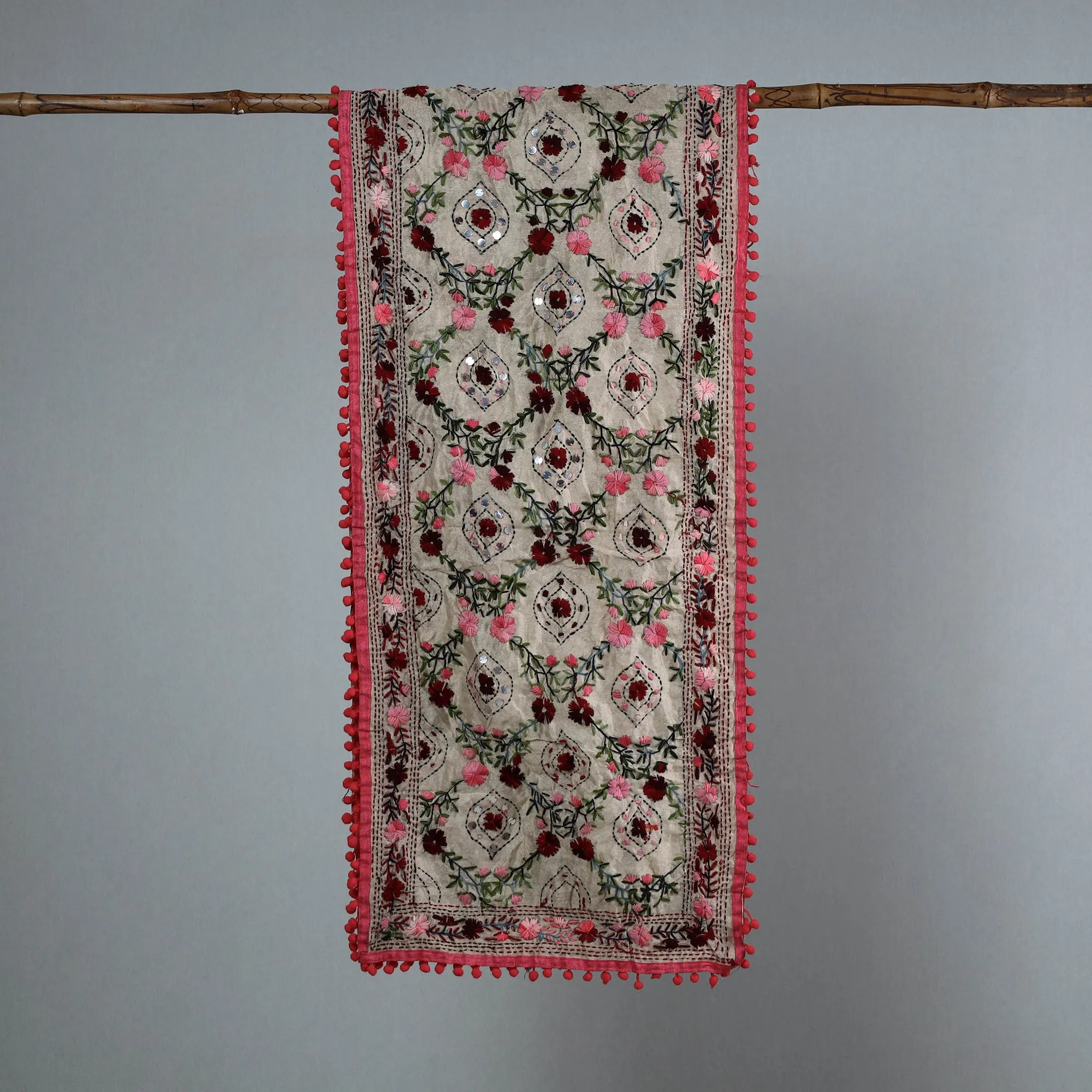 Pink - Ranihati Chanderi Silk Phulkari Embroidered Stole 150