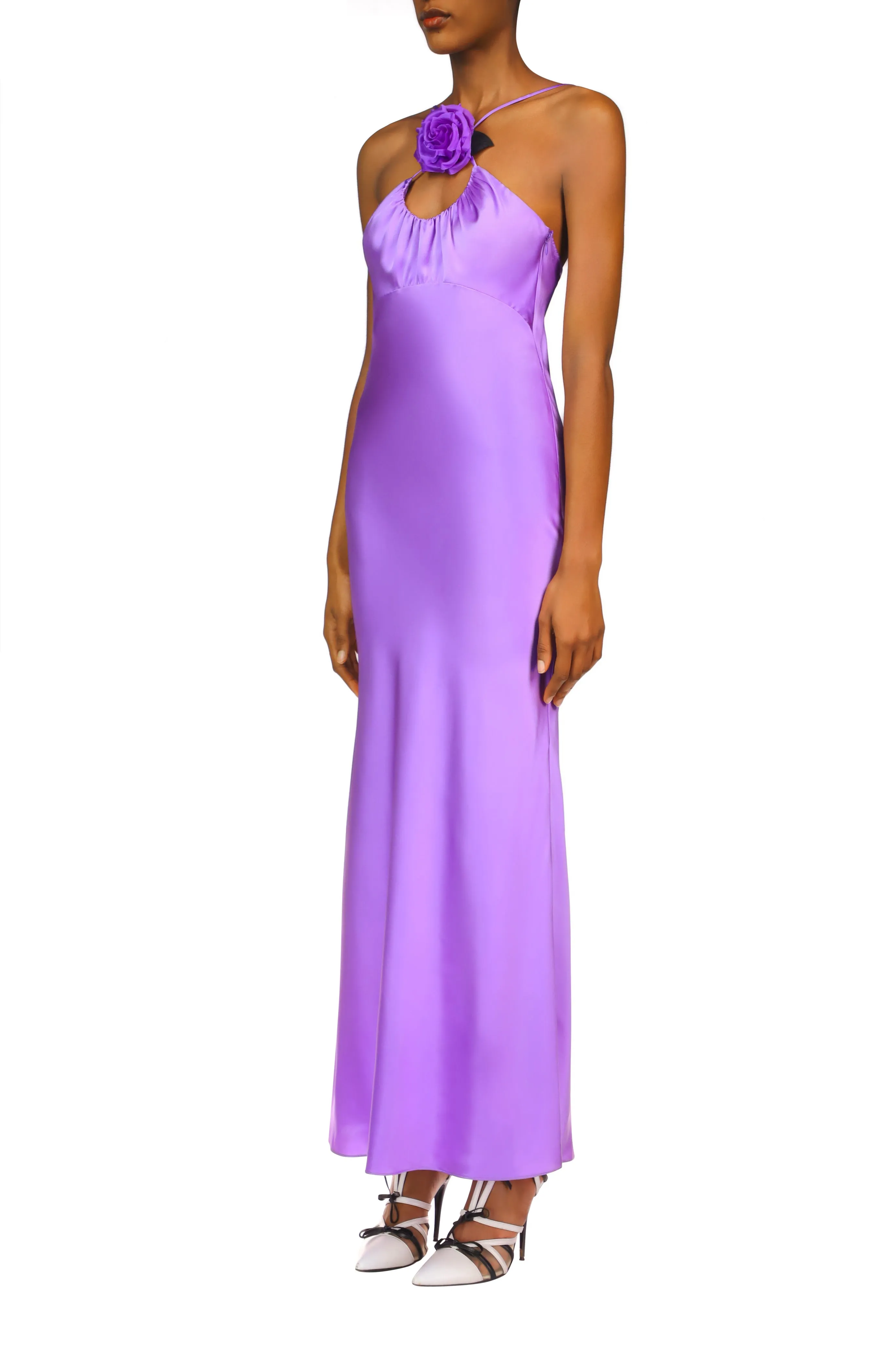Purple Silk Satin Bias Dress With Ruched Bust And Silk Flower Detail