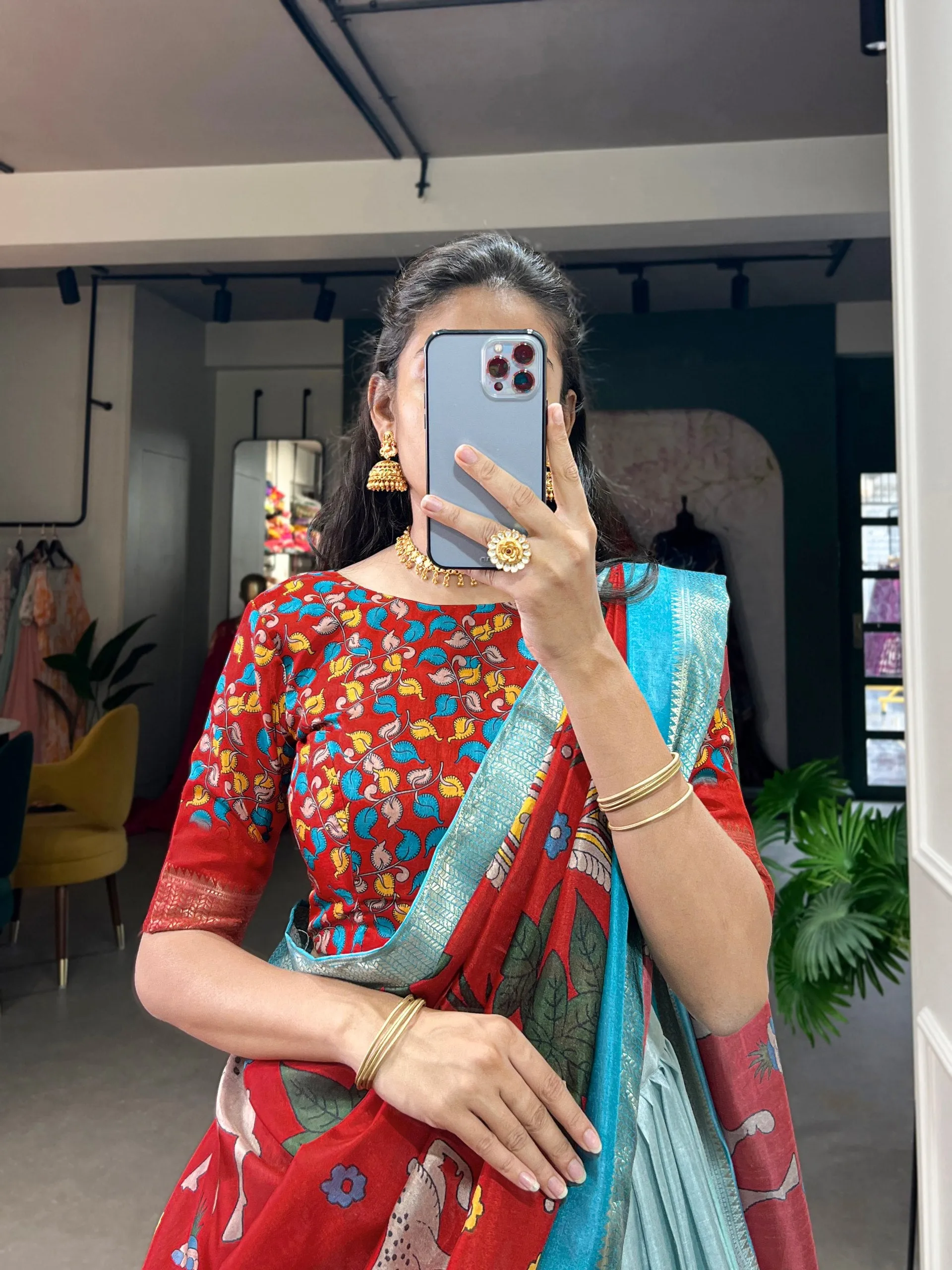 Sky Blue Dola Silk Lehenga Choli with Kalamkari Print & Weaving Border