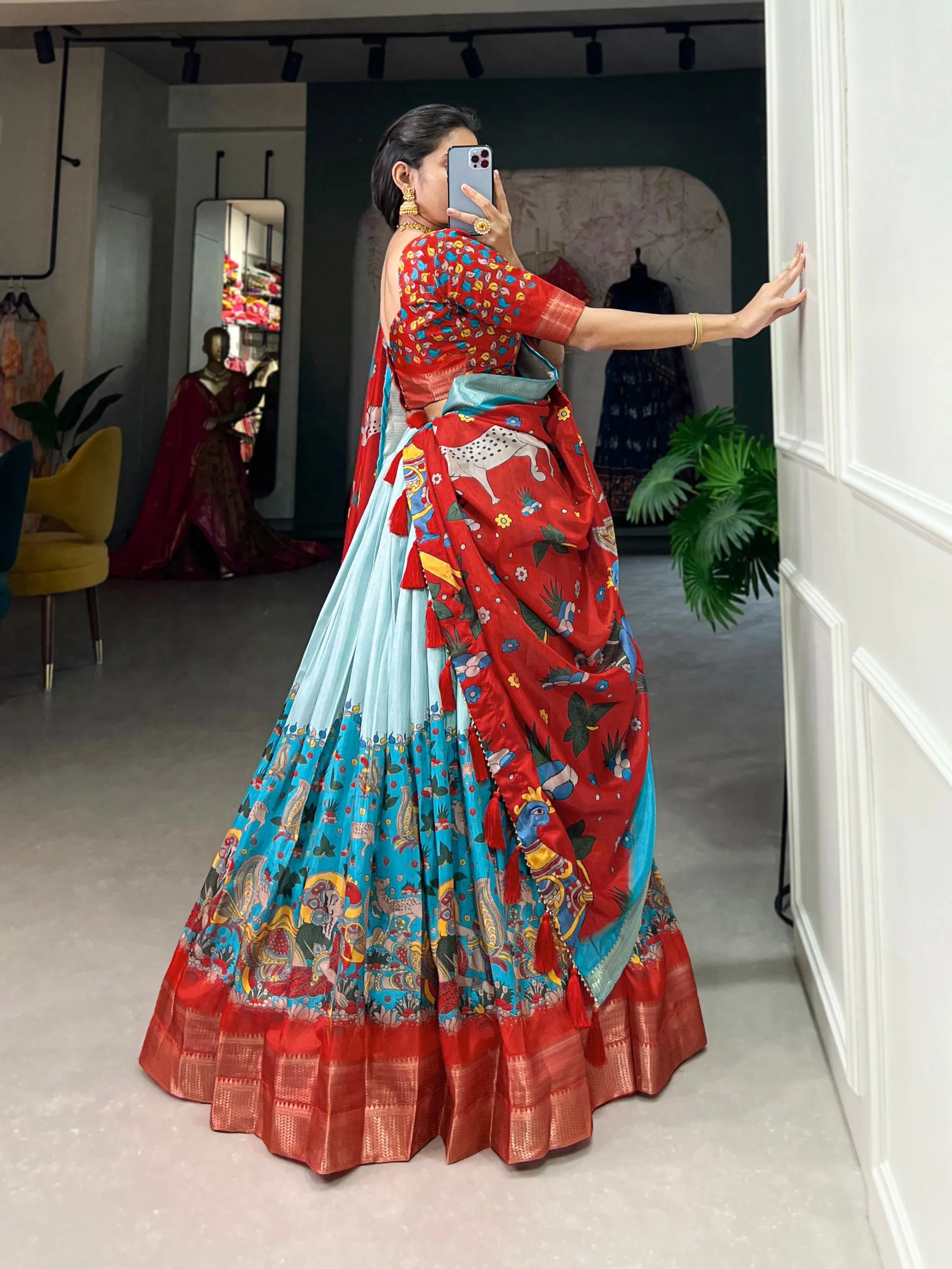 Sky Blue Dola Silk Lehenga Choli with Kalamkari Print & Weaving Border