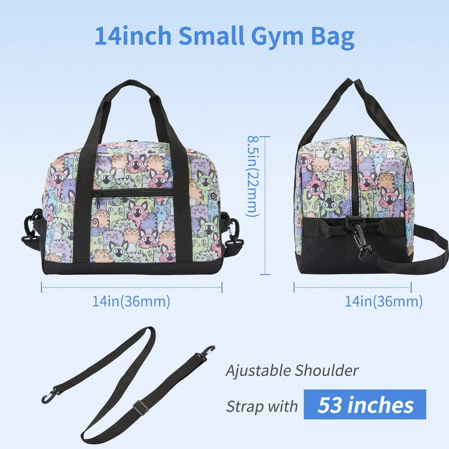 Small Gym Bag 14 inch Mini Duffel Bag Carry-on Bag Lightweight Travel Bag, Perfect for Weekend Business Trips or Sports (Cat)