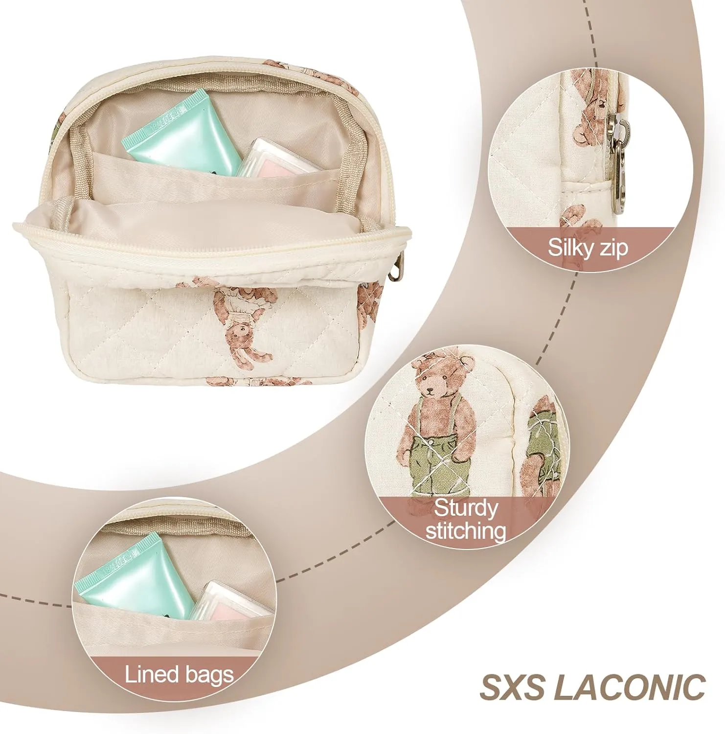 Small Makeup Bag for Purse,Quilted Cosmetic Pouch, Mini Make up Bags with Compartments Inside, Cute Cosmetic Organizer for Women, Travel Toiletry Bag