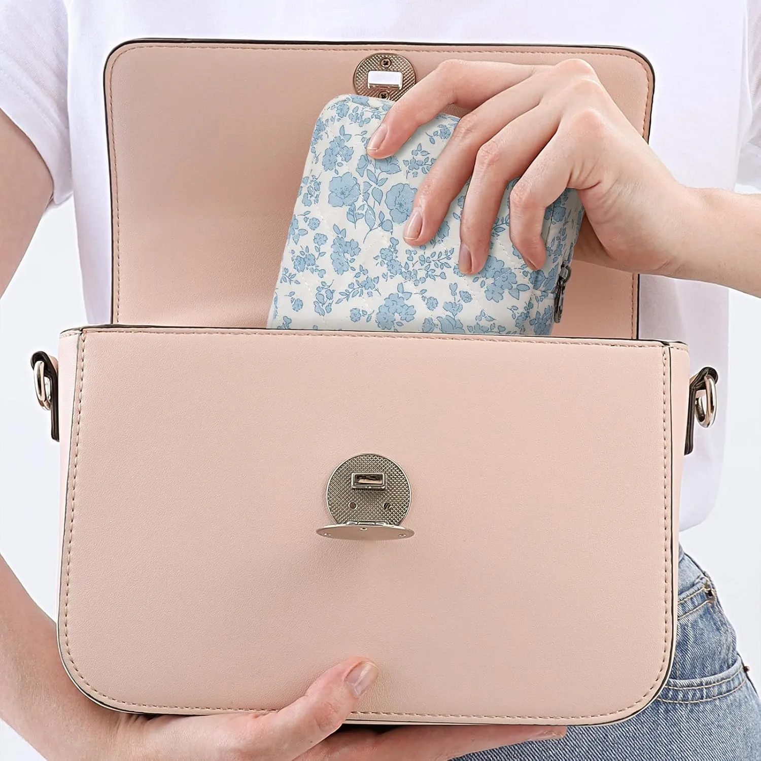 Small Makeup Bag for Purse,Quilted Cosmetic Pouch, Mini Make up Bags with Compartments Inside, Cute Cosmetic Organizer for Women, Travel Toiletry Bag