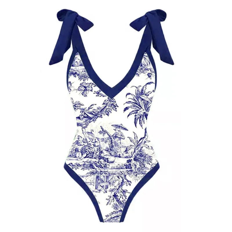 Sophisticated Blue and White Beach Swimwear Set