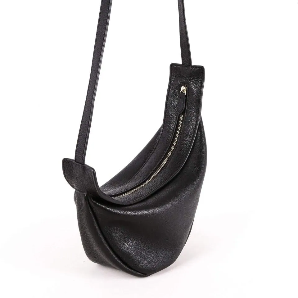 TROW Banana - Black Leather Large Slouchy Banana Bag | Curved Crossbody Bag