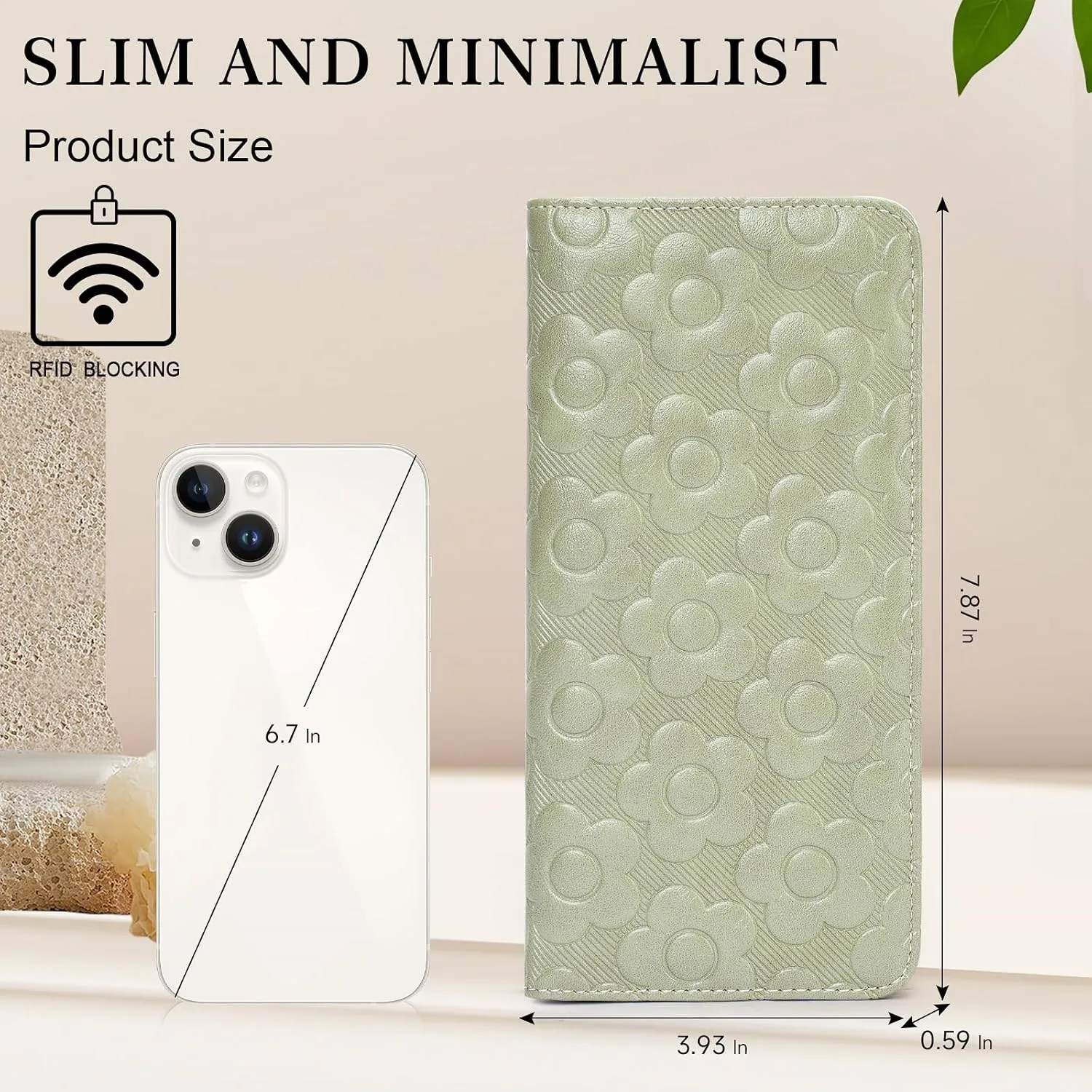Ultra Slim Thin Wallet Women 3D Embossed Flower Leather Womens Wallet RFID Blocking Credit Card Holder Bifold Clutch Long Ladies Billfold Wallet for Women Green