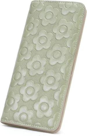 Ultra Slim Thin Wallet Women 3D Embossed Flower Leather Womens Wallet RFID Blocking Credit Card Holder Bifold Clutch Long Ladies Billfold Wallet for Women Green