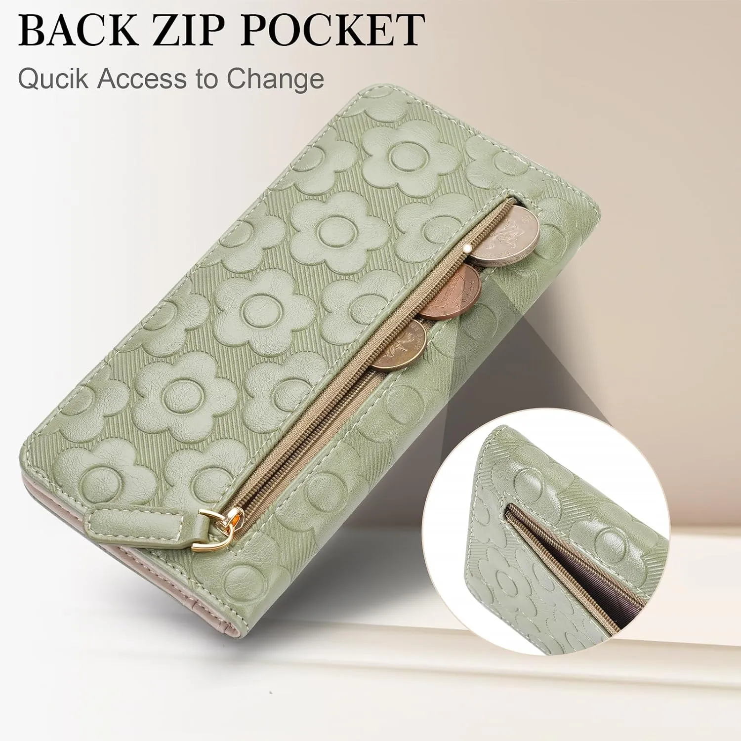 Ultra Slim Thin Wallet Women 3D Embossed Flower Leather Womens Wallet RFID Blocking Credit Card Holder Bifold Clutch Long Ladies Billfold Wallet for Women Green