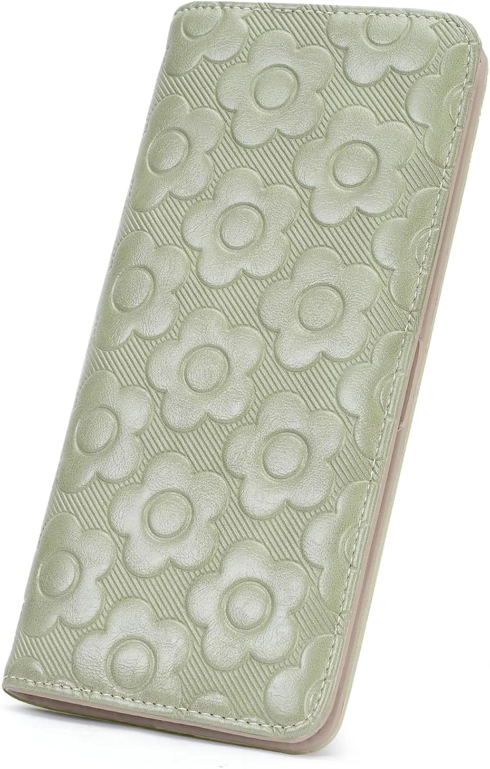 Ultra Slim Thin Wallet Women 3D Embossed Flower Leather Womens Wallet RFID Blocking Credit Card Holder Bifold Clutch Long Ladies Billfold Wallet for Women Green