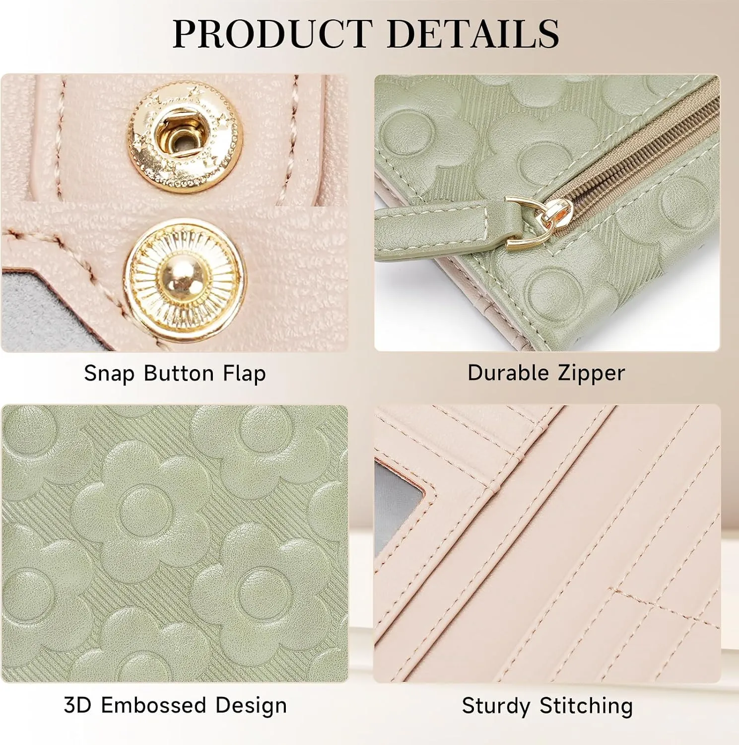 Ultra Slim Thin Wallet Women 3D Embossed Flower Leather Womens Wallet RFID Blocking Credit Card Holder Bifold Clutch Long Ladies Billfold Wallet for Women Green