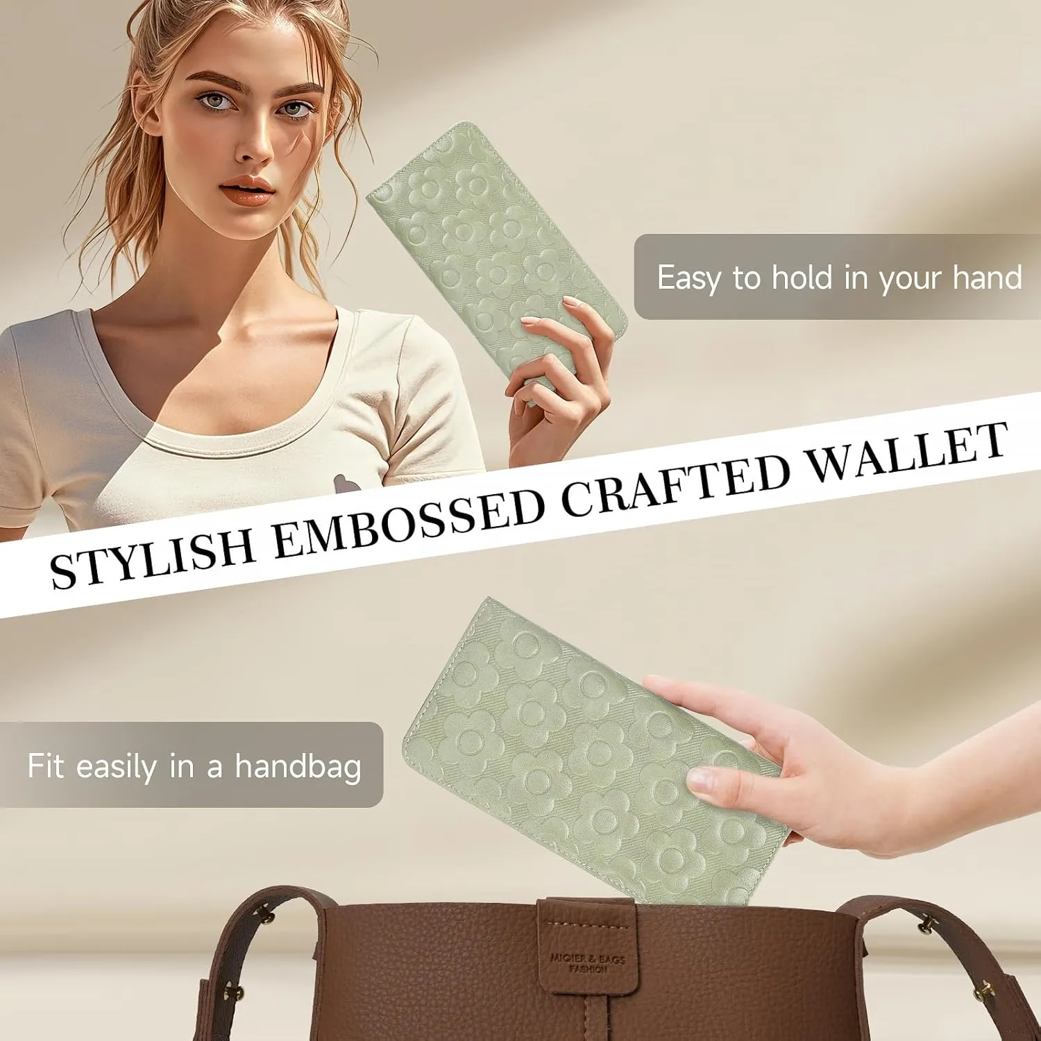 Ultra Slim Thin Wallet Women 3D Embossed Flower Leather Womens Wallet RFID Blocking Credit Card Holder Bifold Clutch Long Ladies Billfold Wallet for Women Green