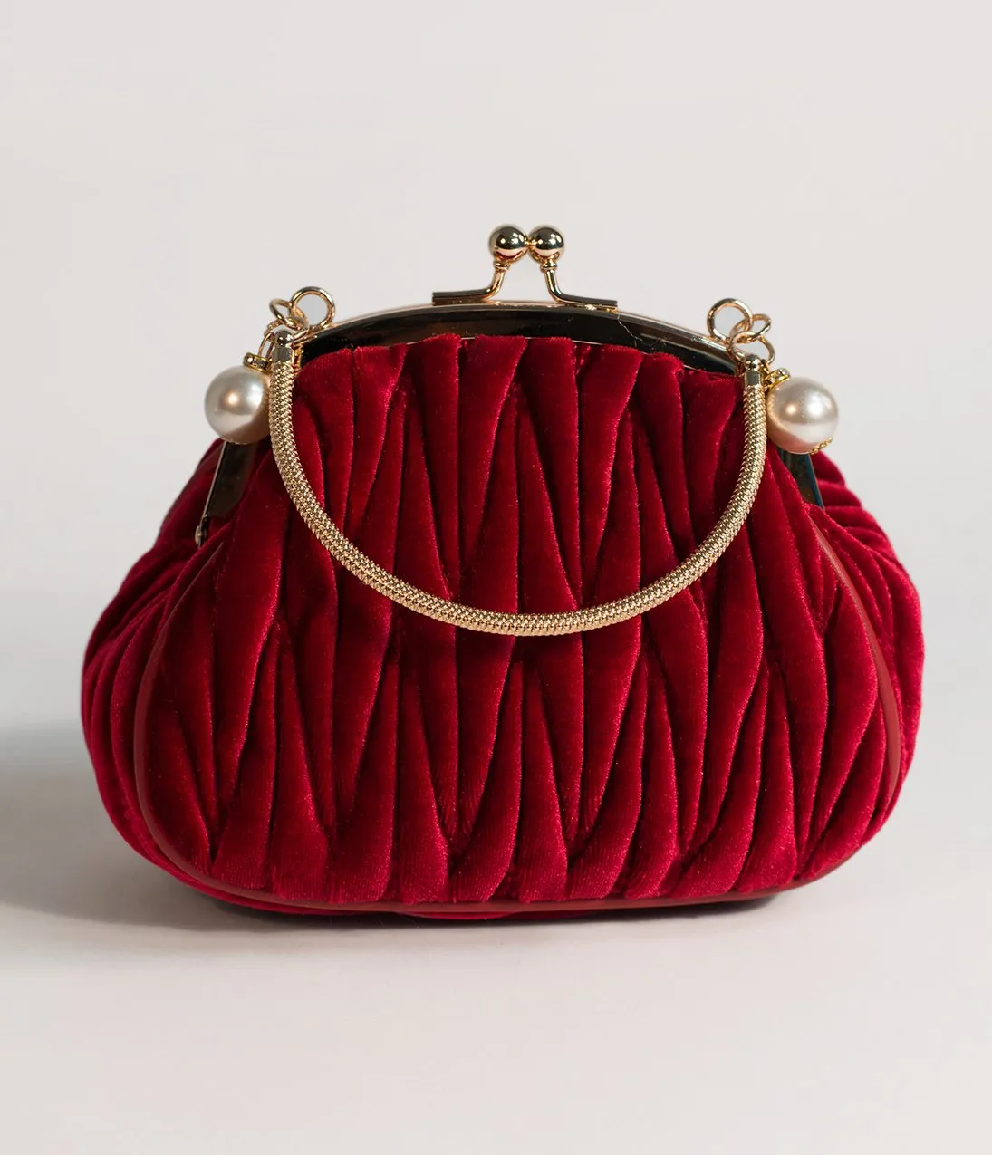 Unique Vintage Burgundy Red Velvet Ruched Hard Case Clutch