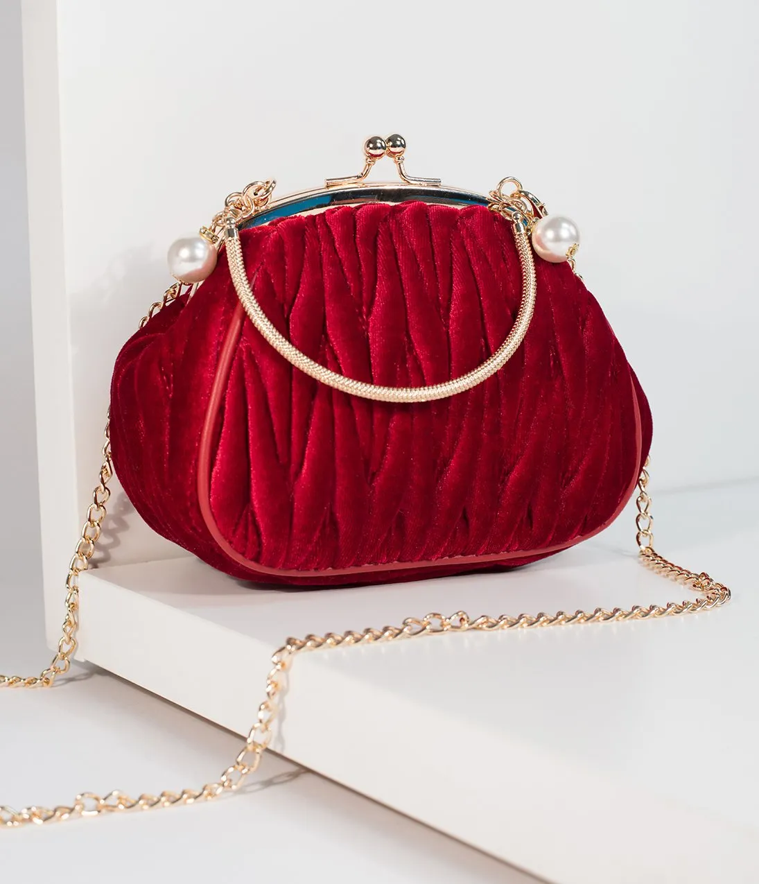 Unique Vintage Burgundy Red Velvet Ruched Hard Case Clutch