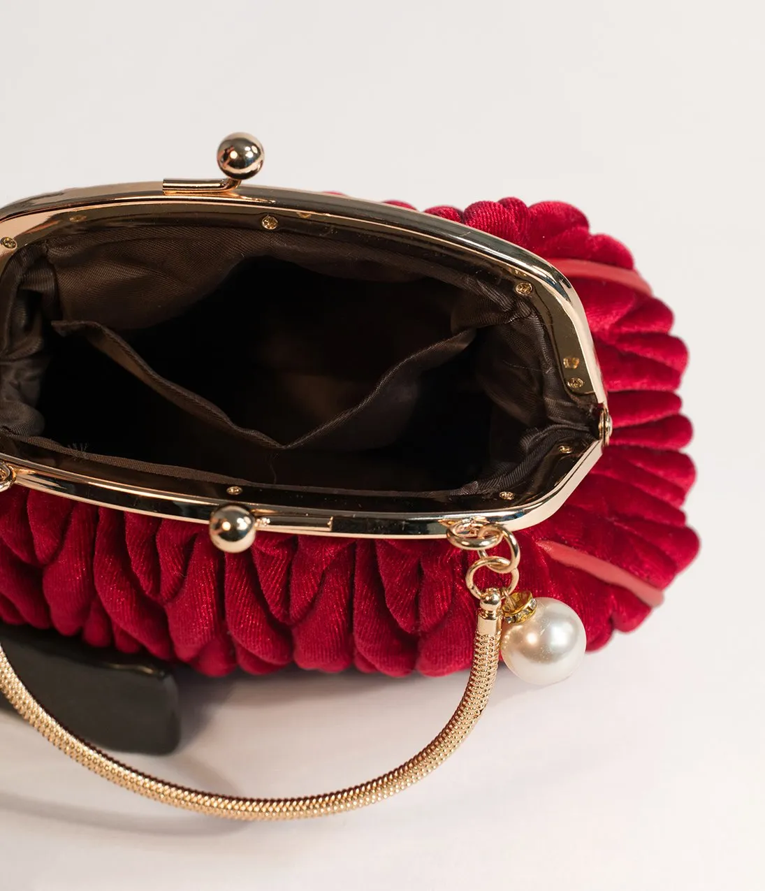Unique Vintage Burgundy Red Velvet Ruched Hard Case Clutch