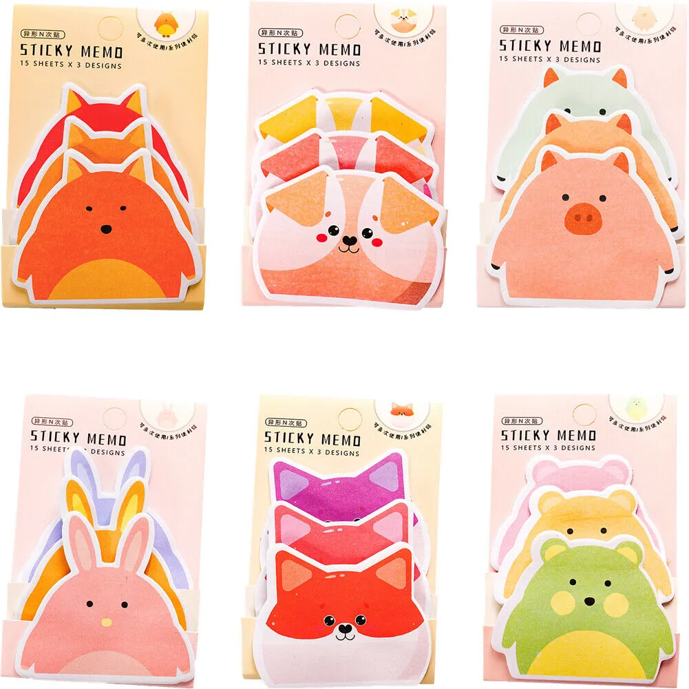 US 6-12 Pc (270-540 Pages Total) Sticky Notes Animals Shape Self-Stick Memo Pads