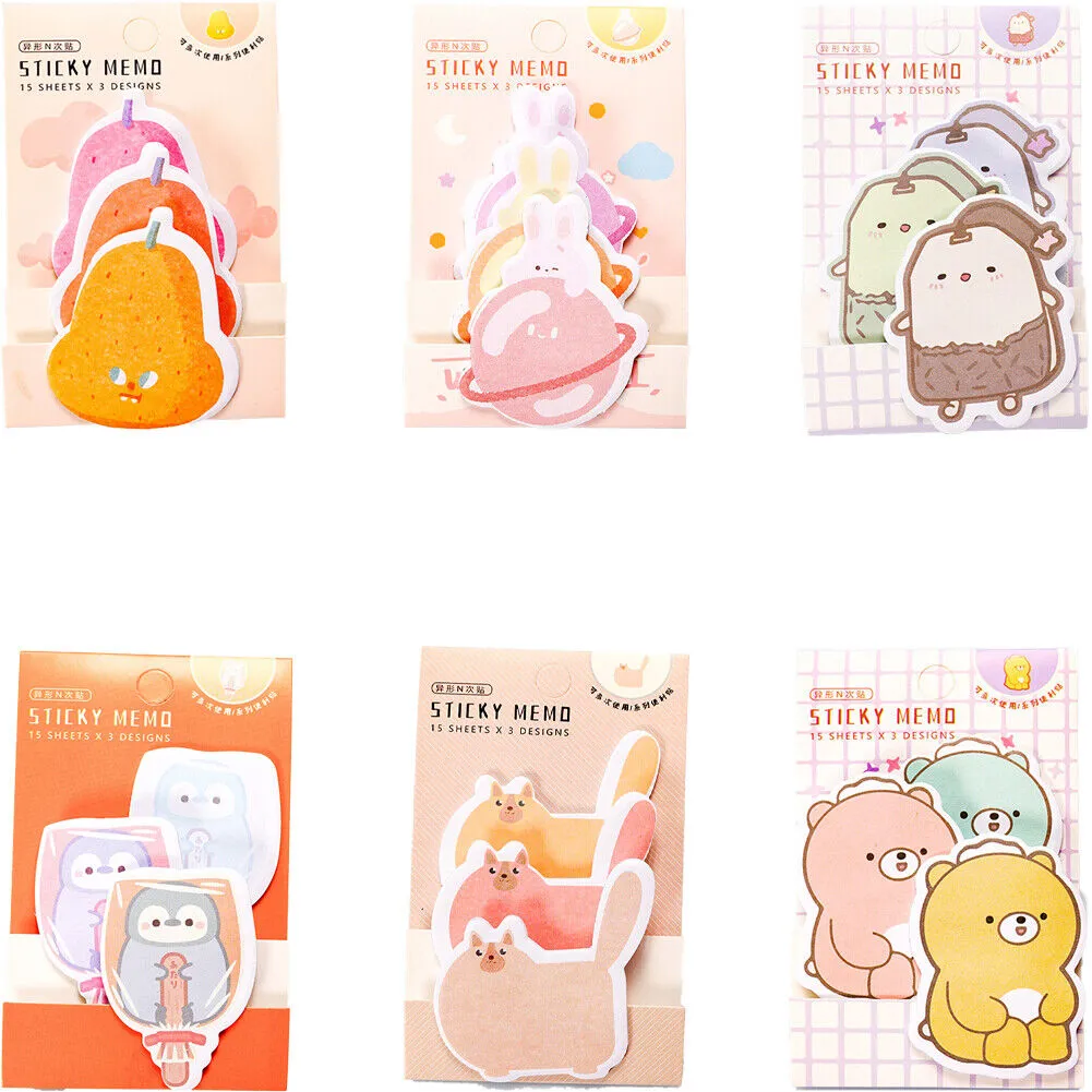 US 6-12 Pc (270-540 Pages Total) Sticky Notes Animals Shape Self-Stick Memo Pads