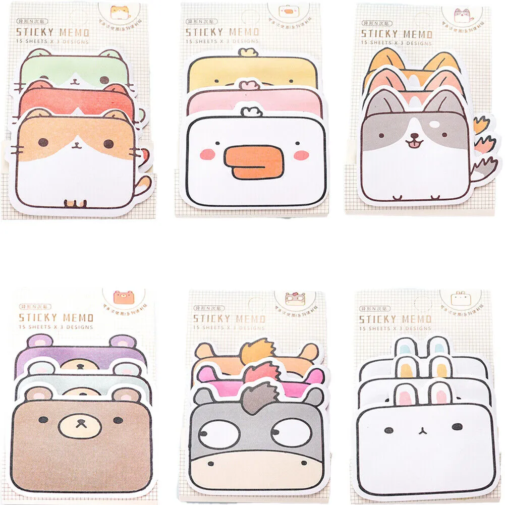 US 6-12 Pc (270-540 Pages Total) Sticky Notes Animals Shape Self-Stick Memo Pads