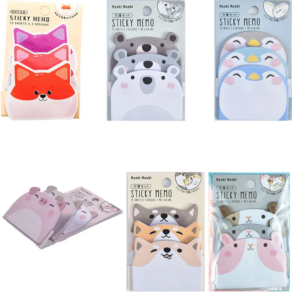 US 6-12 Pc (270-540 Pages Total) Sticky Notes Animals Shape Self-Stick Memo Pads