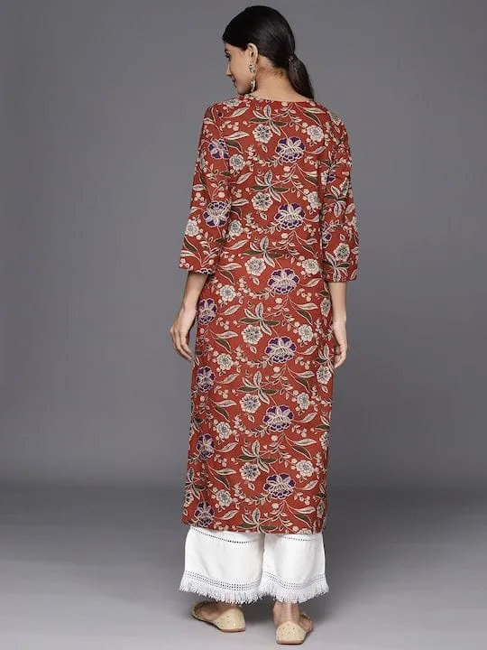 Varanga Women Maroon & Beige Floral Printed Sequinned Floral Kurta