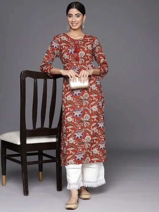Varanga Women Maroon & Beige Floral Printed Sequinned Floral Kurta