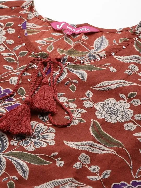 Varanga Women Maroon & Beige Floral Printed Sequinned Floral Kurta
