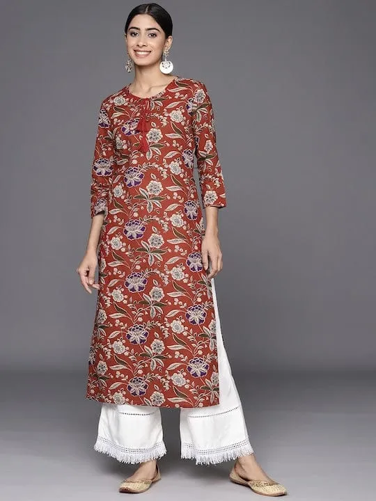 Varanga Women Maroon & Beige Floral Printed Sequinned Floral Kurta