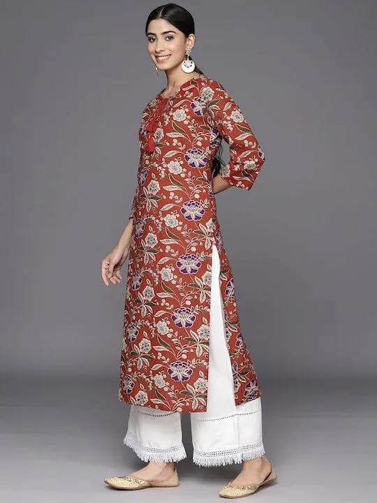 Varanga Women Maroon & Beige Floral Printed Sequinned Floral Kurta