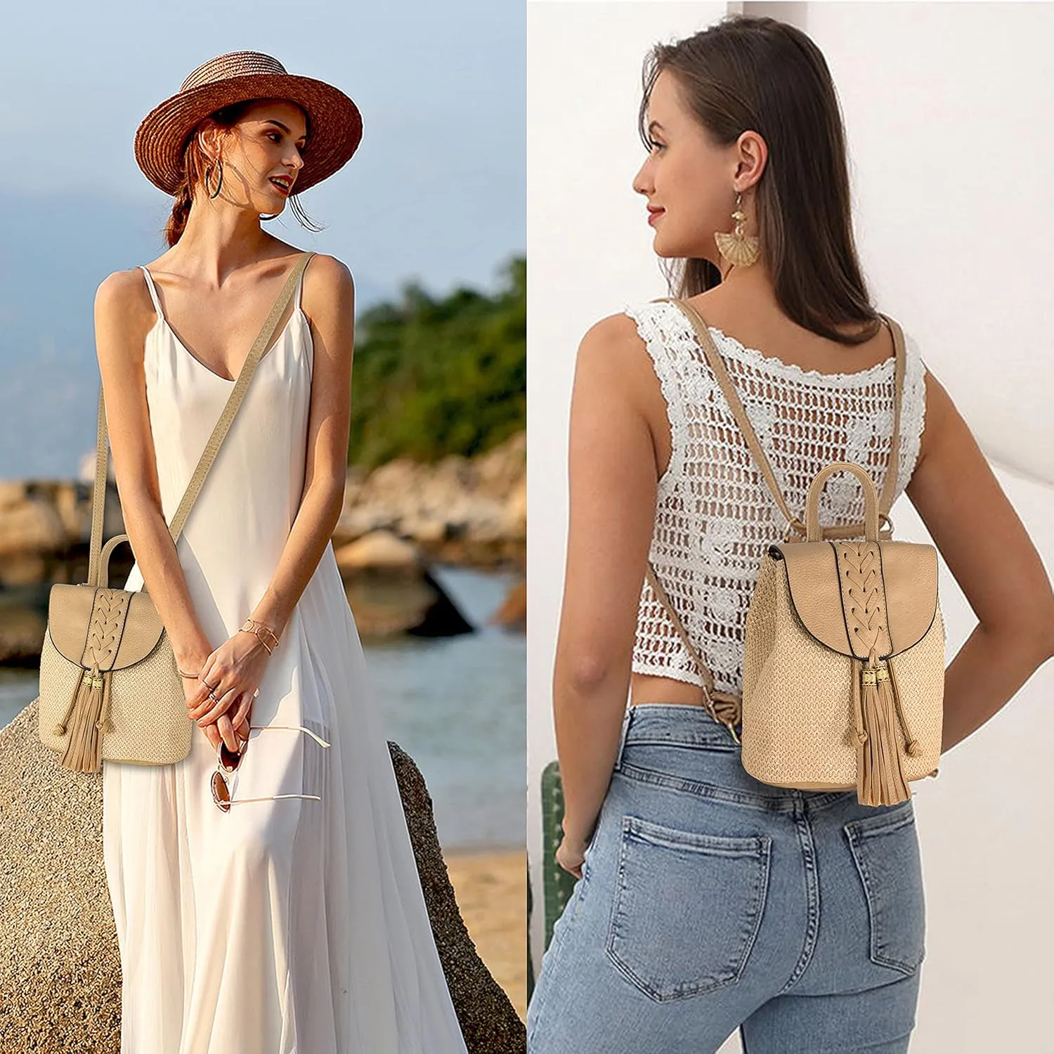 Women Beach Bag Summer Straw Woven Shoulder Bag Crossbody Bucket Handbags Handmade Hobo Purse Bamboo Handle
