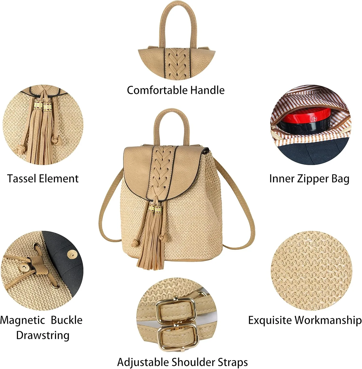 Women Beach Bag Summer Straw Woven Shoulder Bag Crossbody Bucket Handbags Handmade Hobo Purse Bamboo Handle