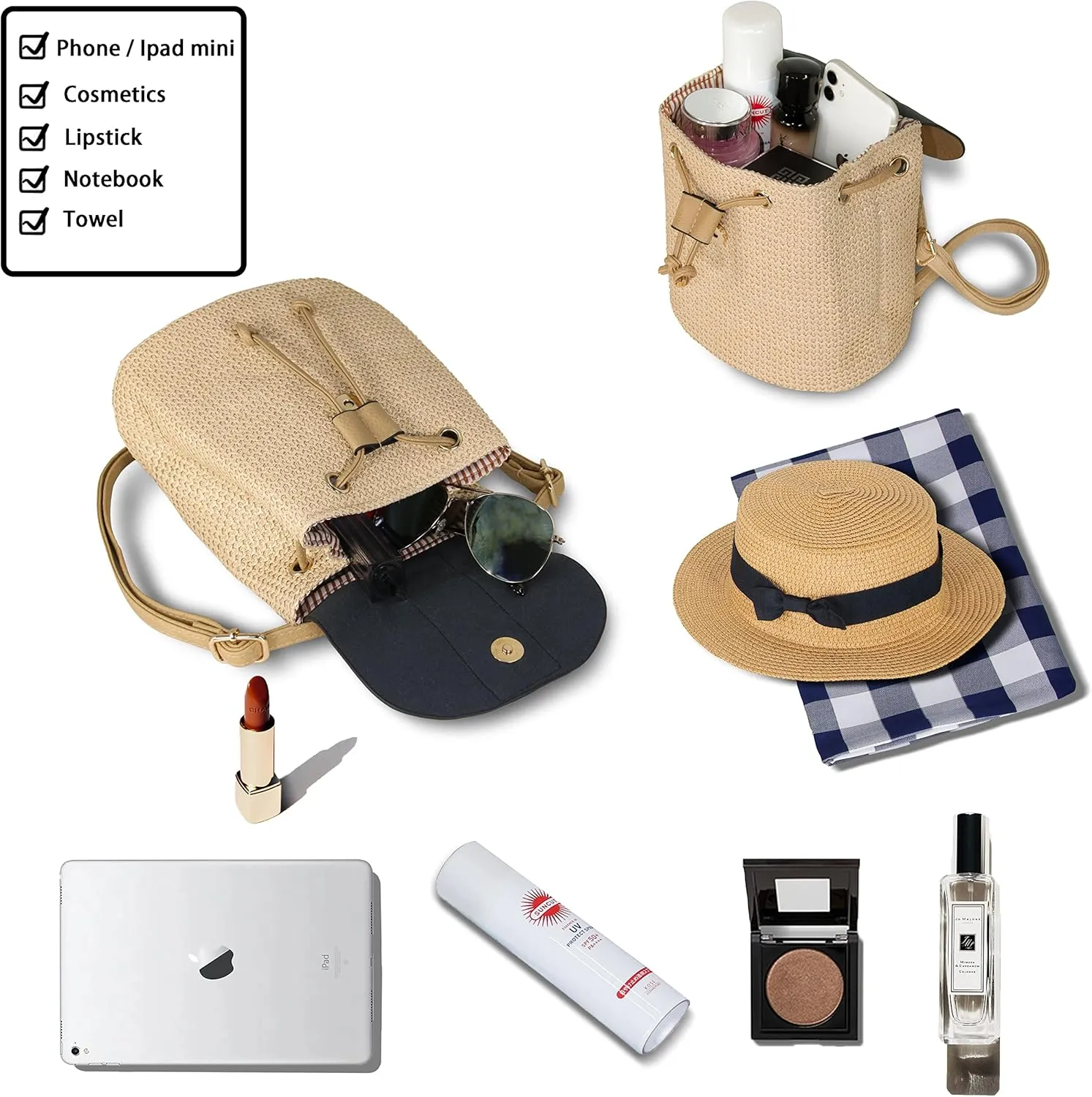 Women Beach Bag Summer Straw Woven Shoulder Bag Crossbody Bucket Handbags Handmade Hobo Purse Bamboo Handle