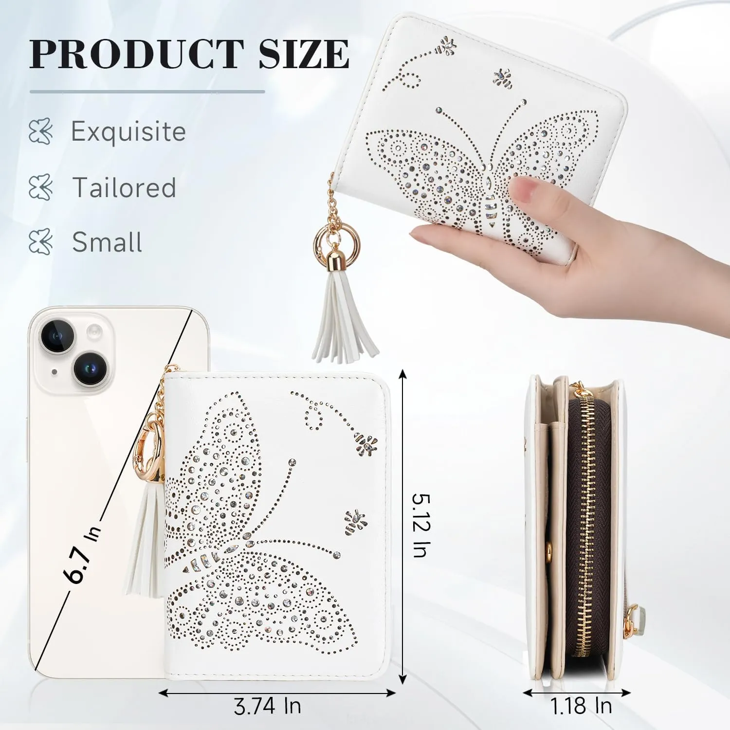 Women RFID Blocking Small Bifold Wallet, Compact Cash Clutch with Zipper Coin Pocket, Glittery Butterfly Design, Credit Card Holder, Travel Purse with Tassel WHITE