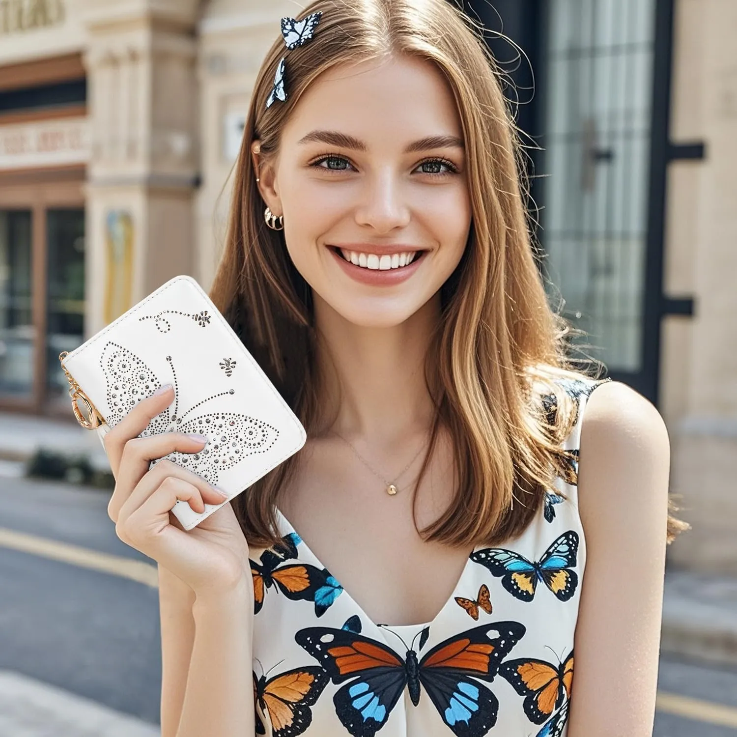 Women RFID Blocking Small Bifold Wallet, Compact Cash Clutch with Zipper Coin Pocket, Glittery Butterfly Design, Credit Card Holder, Travel Purse with Tassel WHITE