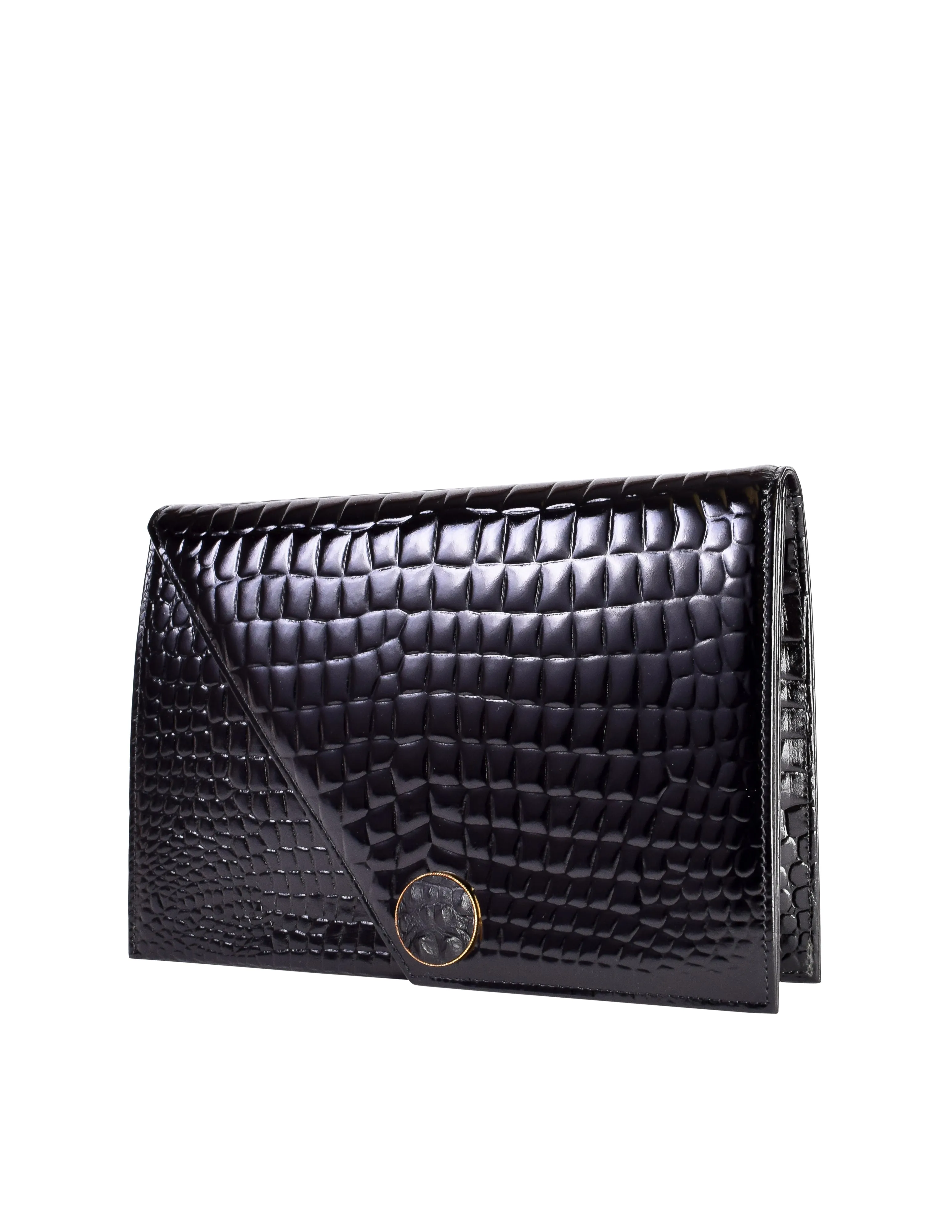 Yves Saint Laurent Vintage Black Croc Embossed Patent Leather Structured Clutch Bag