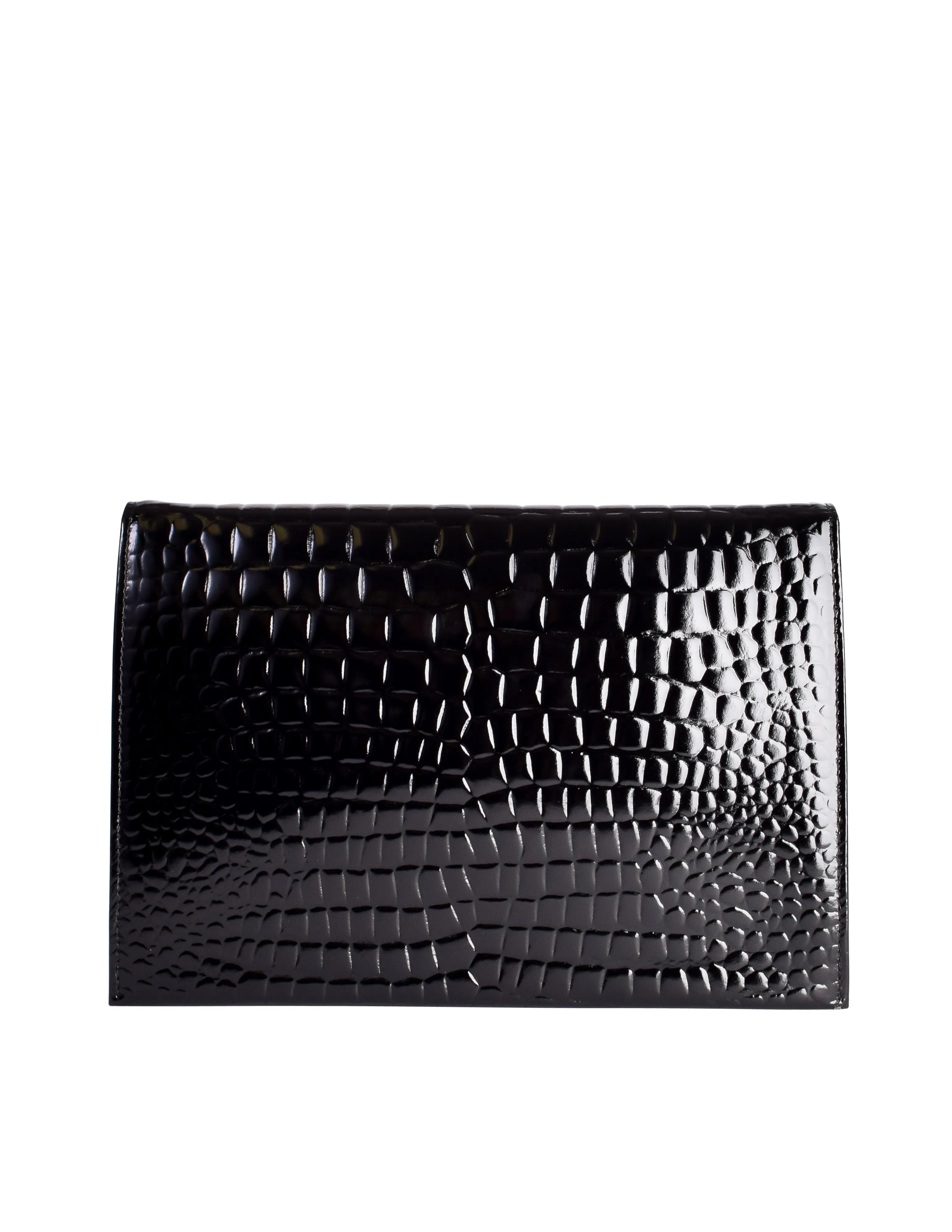Yves Saint Laurent Vintage Black Croc Embossed Patent Leather Structured Clutch Bag