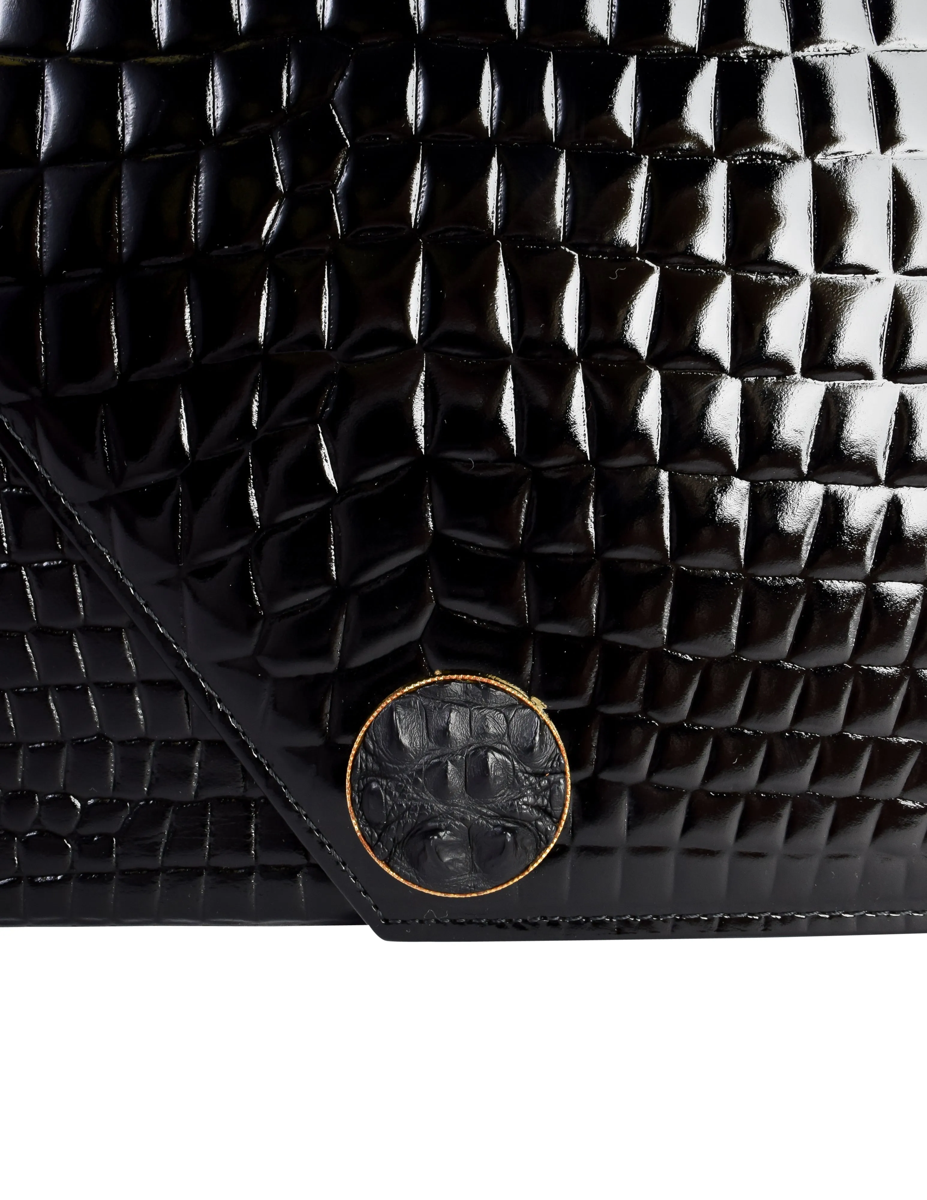 Yves Saint Laurent Vintage Black Croc Embossed Patent Leather Structured Clutch Bag