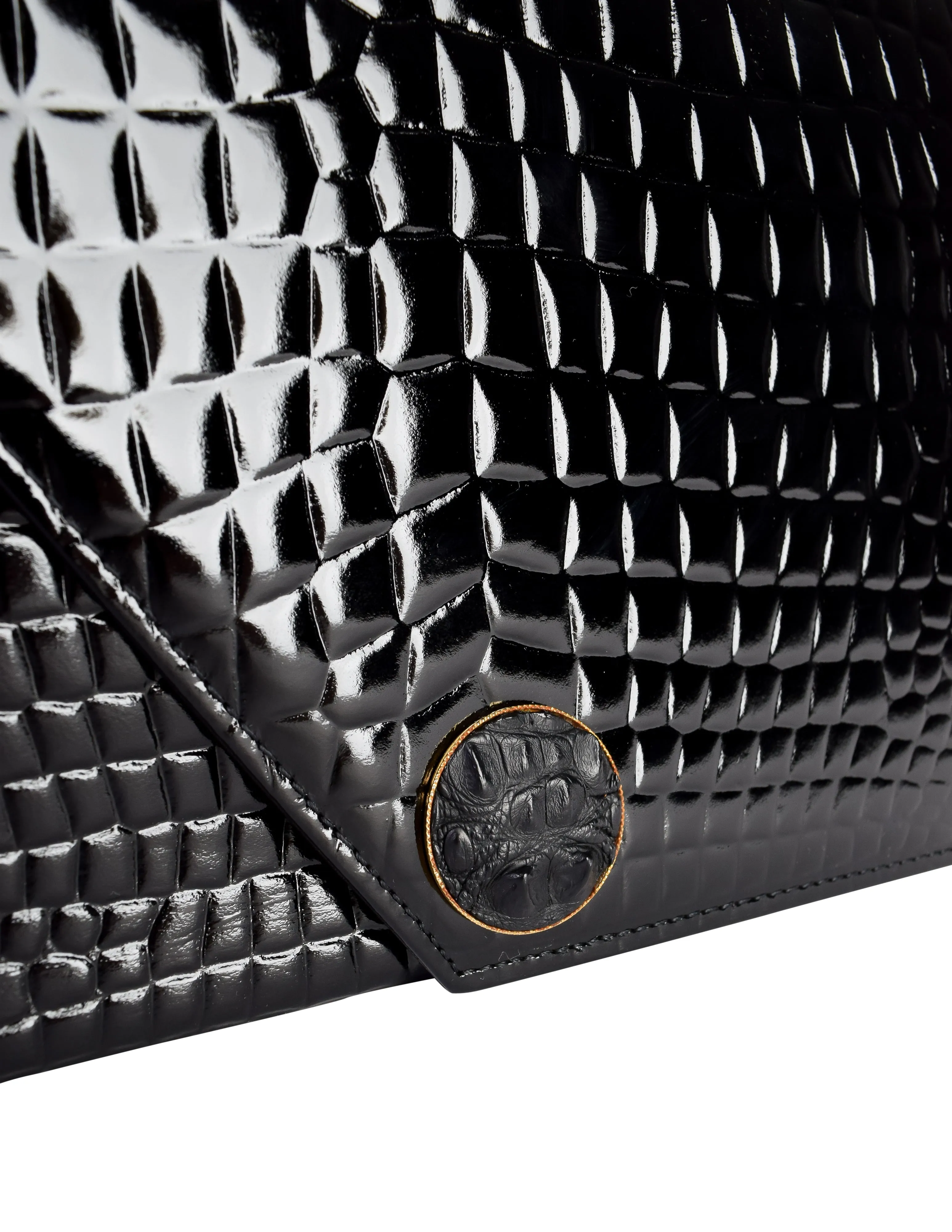 Yves Saint Laurent Vintage Black Croc Embossed Patent Leather Structured Clutch Bag