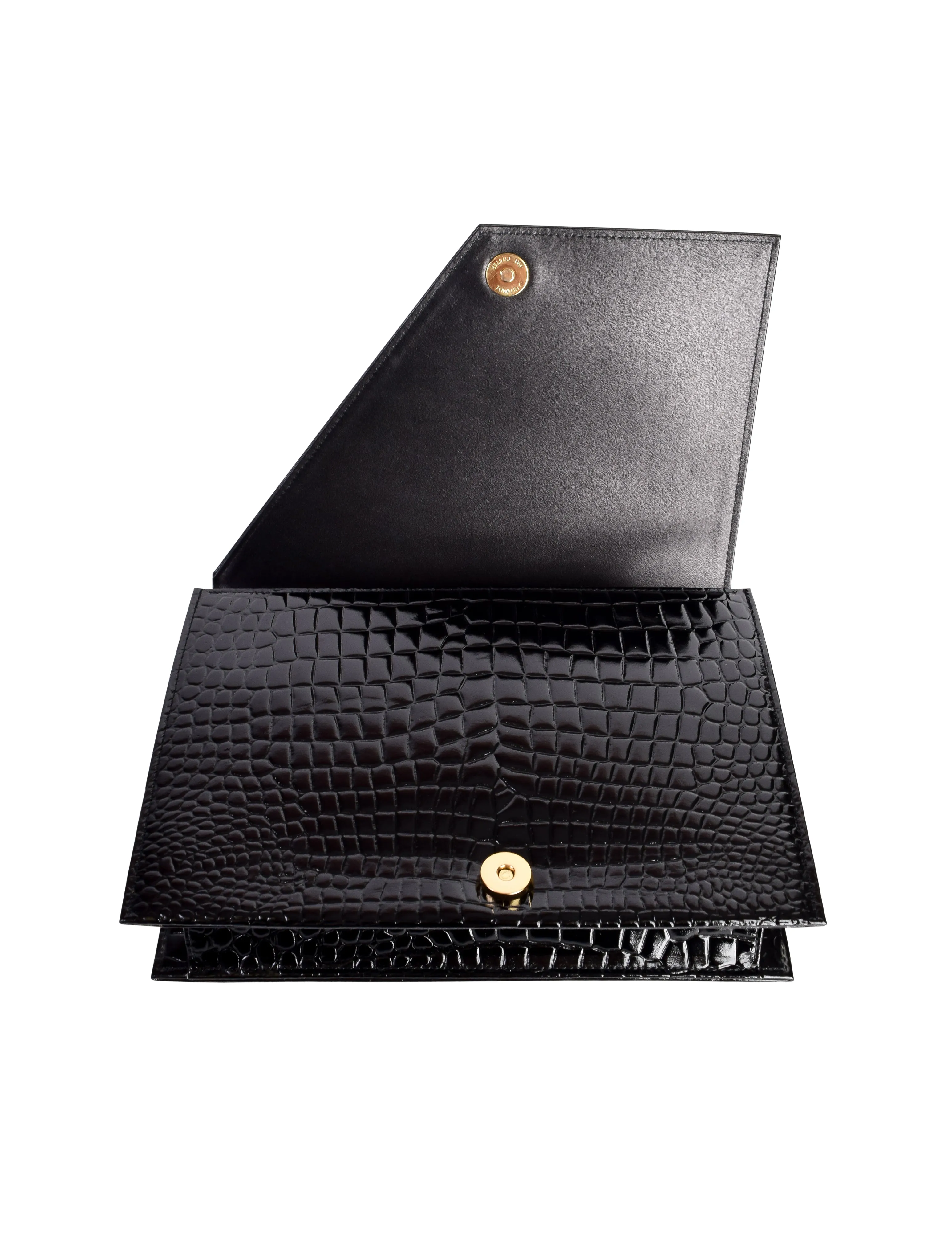 Yves Saint Laurent Vintage Black Croc Embossed Patent Leather Structured Clutch Bag