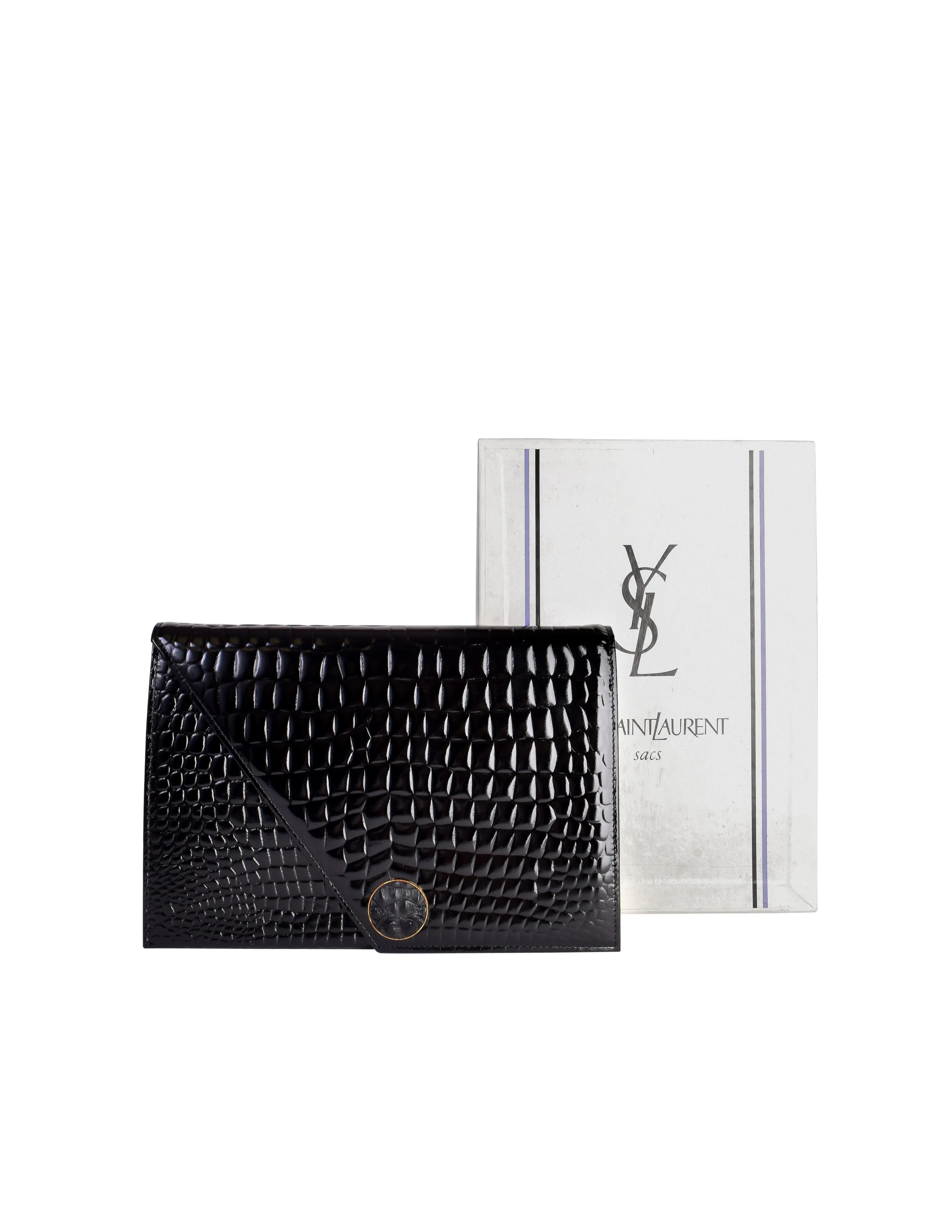 Yves Saint Laurent Vintage Black Croc Embossed Patent Leather Structured Clutch Bag