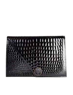 Yves Saint Laurent Vintage Black Croc Embossed Patent Leather Structured Clutch Bag